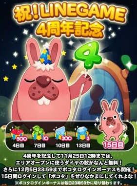 【ポコポコ】祝！LINEGAME4周年記念だぞ！とりあえずのポコタログインボーナス＋レア召喚開始！